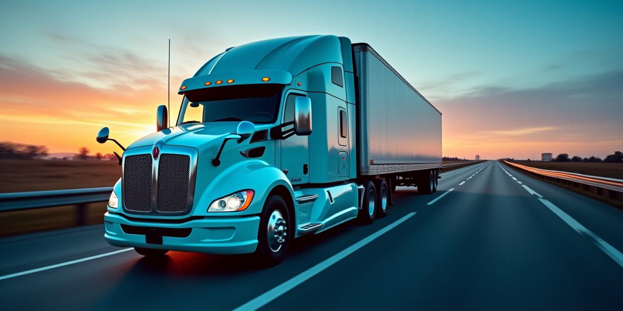 Modern logistics fleet on a Detroit highway at dusk