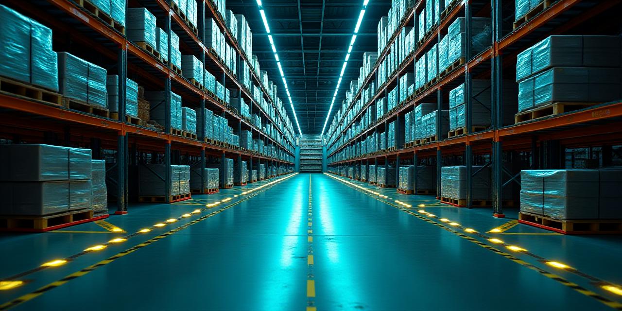 Modern logistics warehouse interior with high ceilings and organized freight